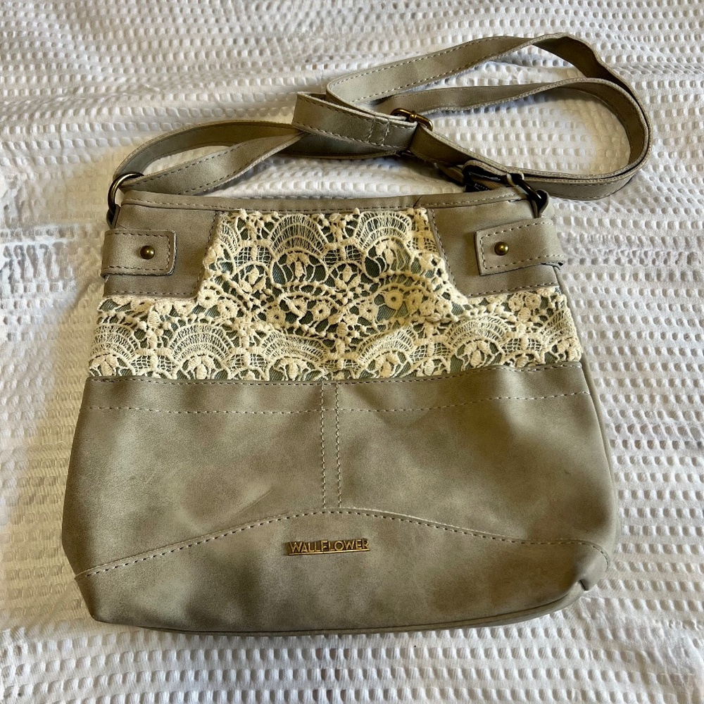 Wallflower Grey Faux Leather Crossbody Bag with Cream Lace Detailing